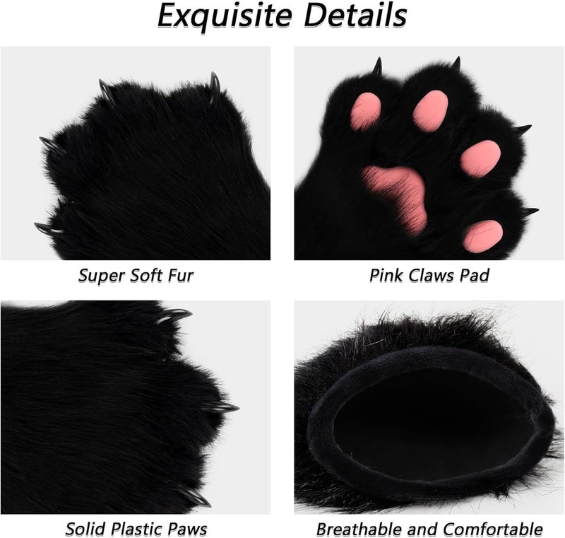 hbbhml Faux Fur Plush Furry Cat Claw Gloves Fursuit Animal Fox Paws Mittens Halloween Cosplay Costume Accessories for Adult - Image 4
